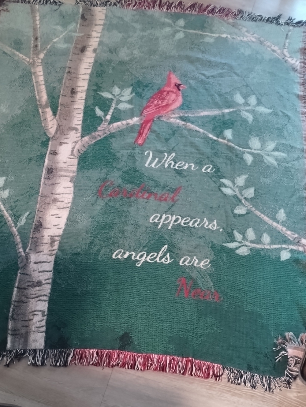 Source Unknown Green Throw Blanket with Red Cardinal